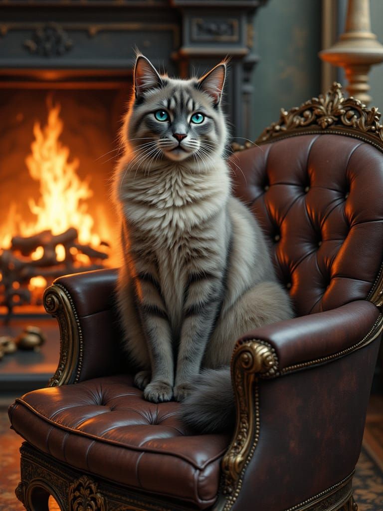 Majestic Siamese Cat by Fireplace in Matte Painting Style