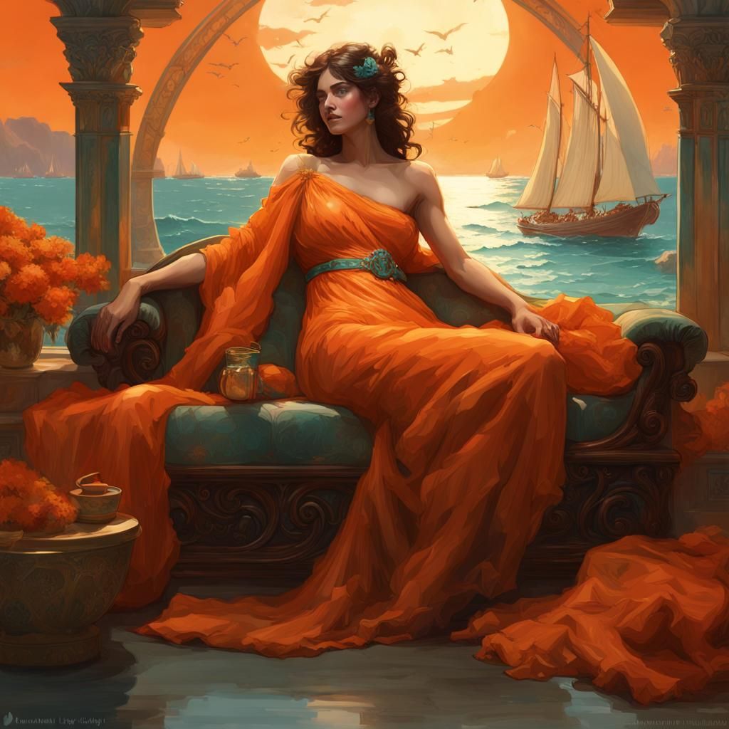 Brunette in Orange Gown, Alma-Tadema Style