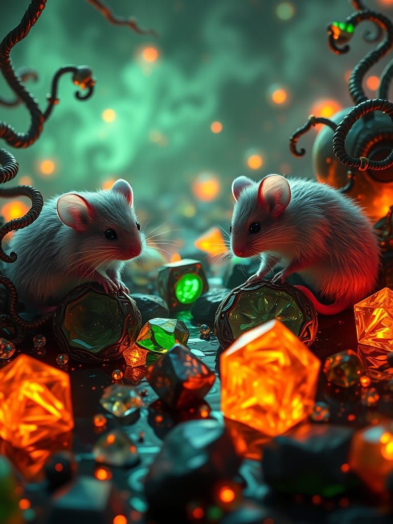 Neon Mice in Fractal Cosmos with Emerald Vines