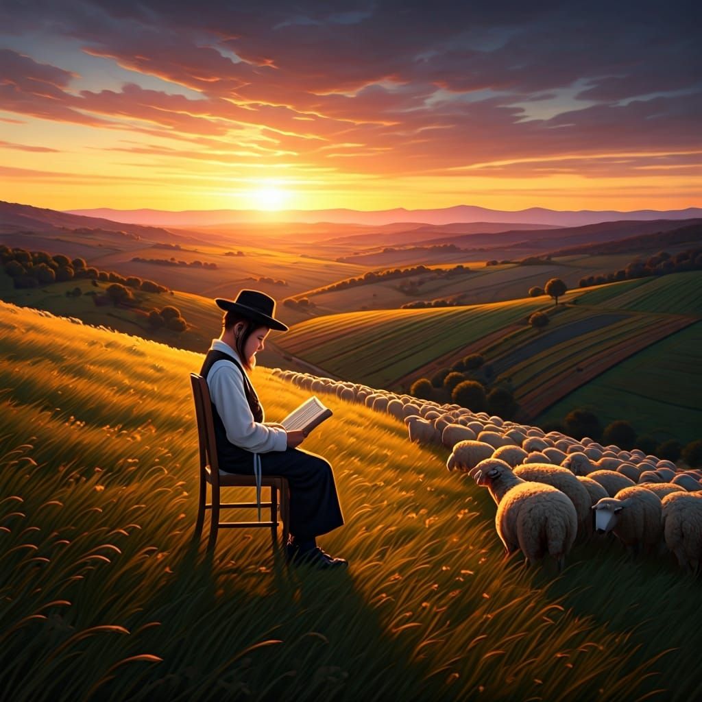 Boy Shepherd Studies at Sunset: Classical Landscape