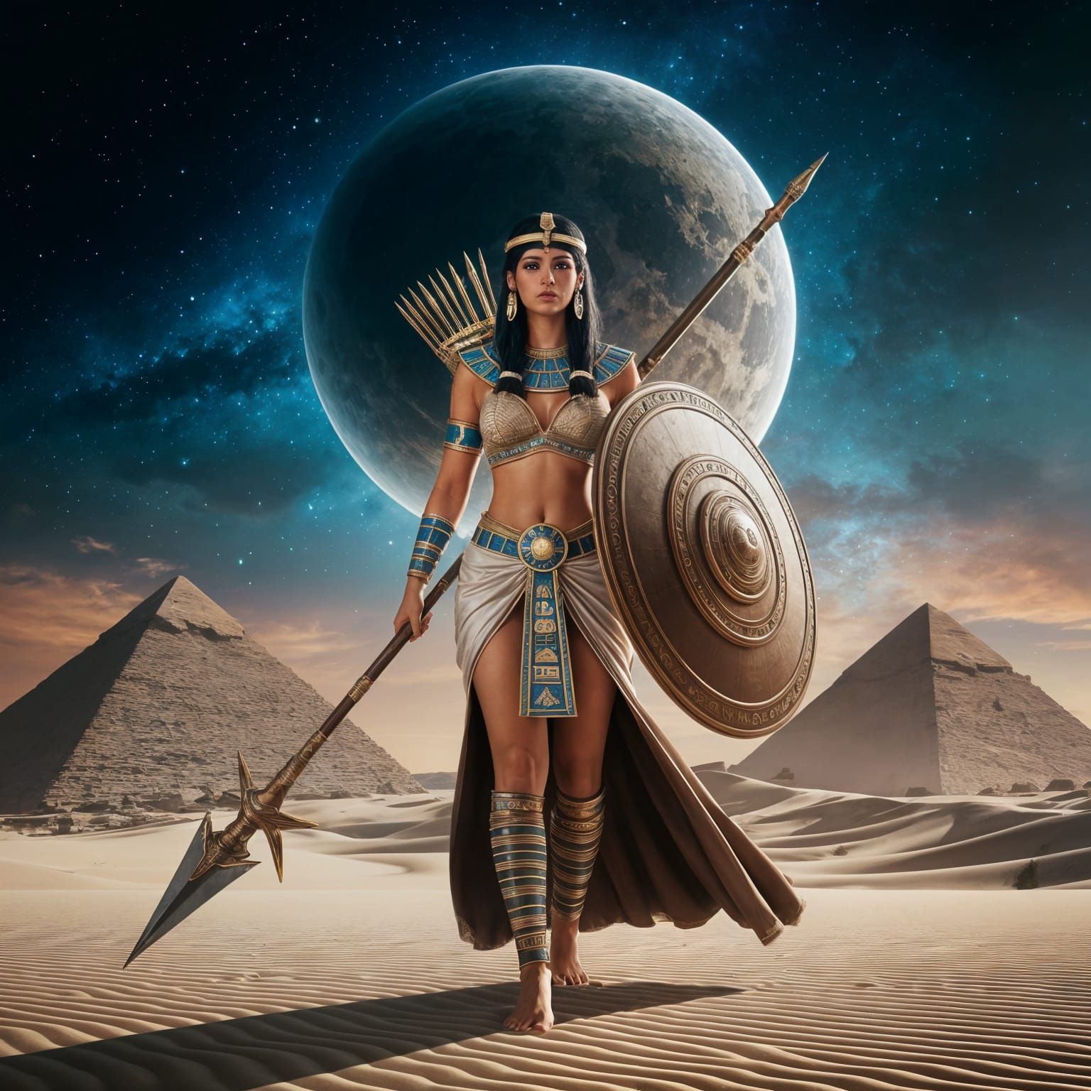 Victorious Egyptian War Goddess in Cosmic Desert