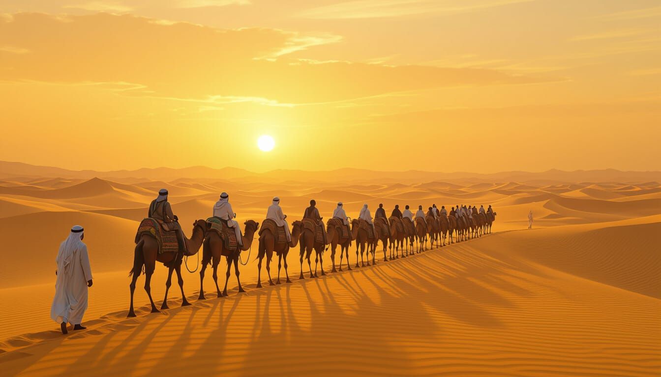 Desert Caravan at Sunset in Atmospheric Matte Painting Style