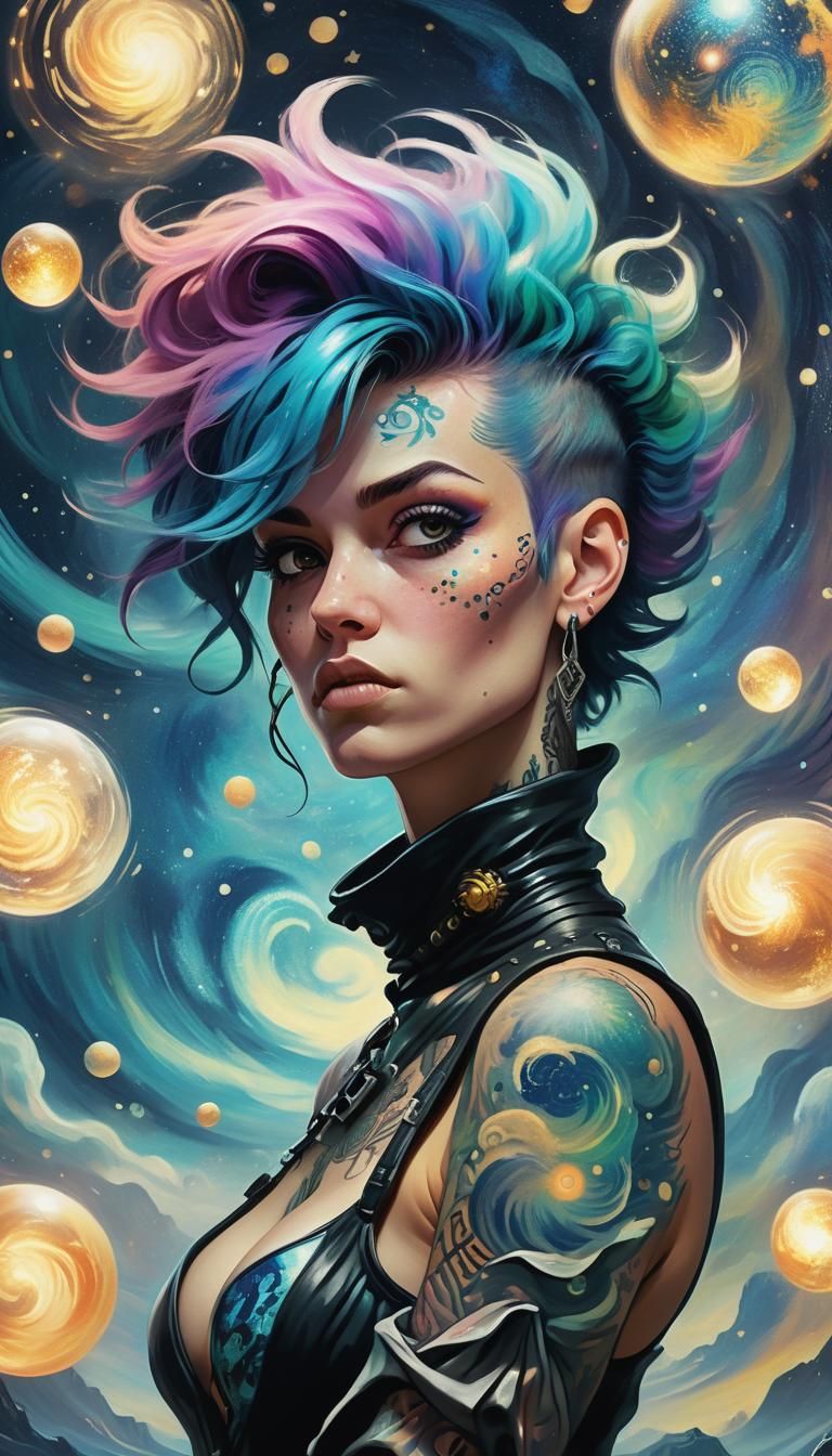 Punk Woman Under Swirling Nebula in Vivid Illustration