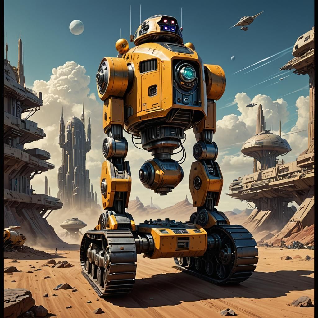 Retro-Future Robot on Tank Treads in Art Deco Style