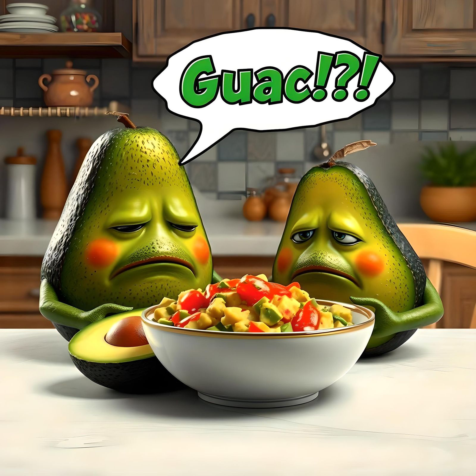 Shocked Avocados Gaze at Guacamole in Hyper-Realism