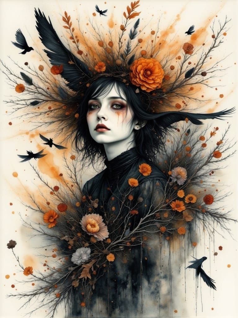 Ethereal Gothcore Woman in Watercolor and Alcohol Ink