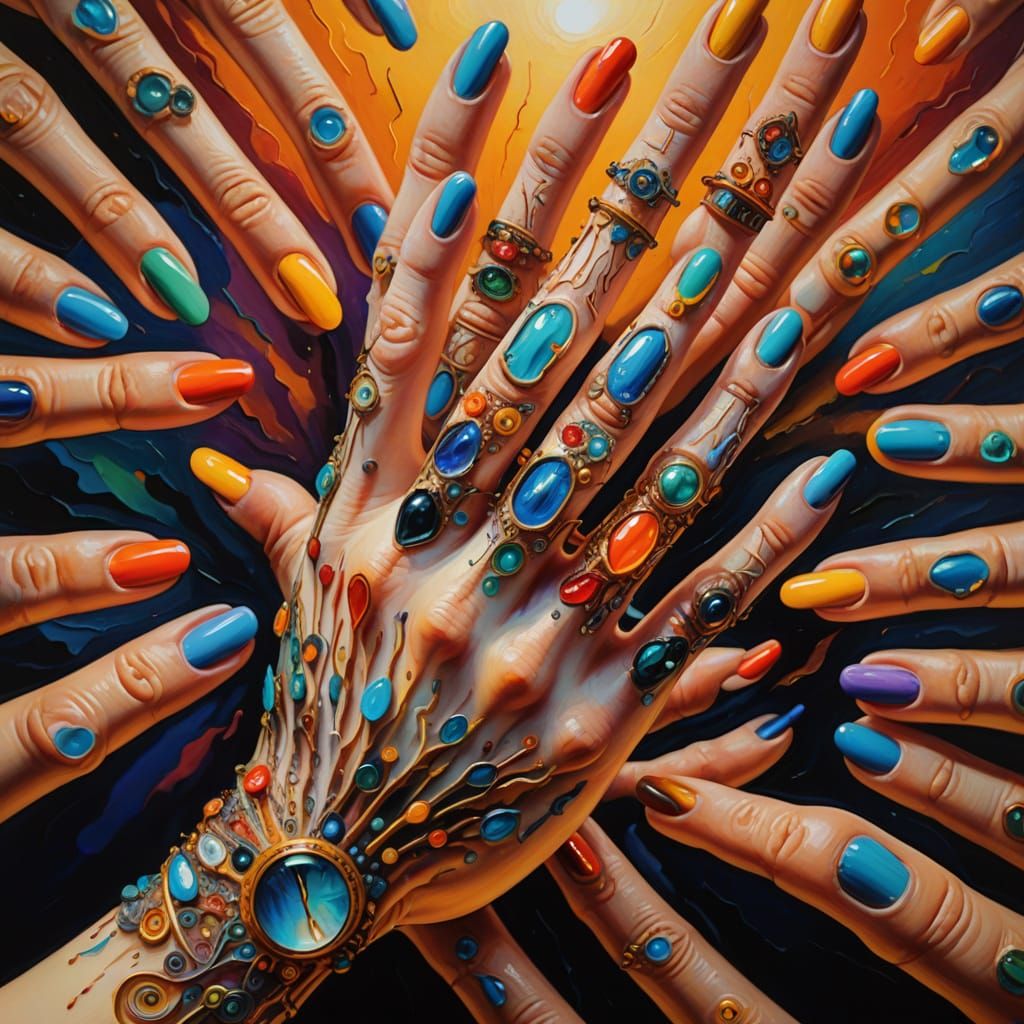 Surreal Hand with Many Fingers: Oil Painting