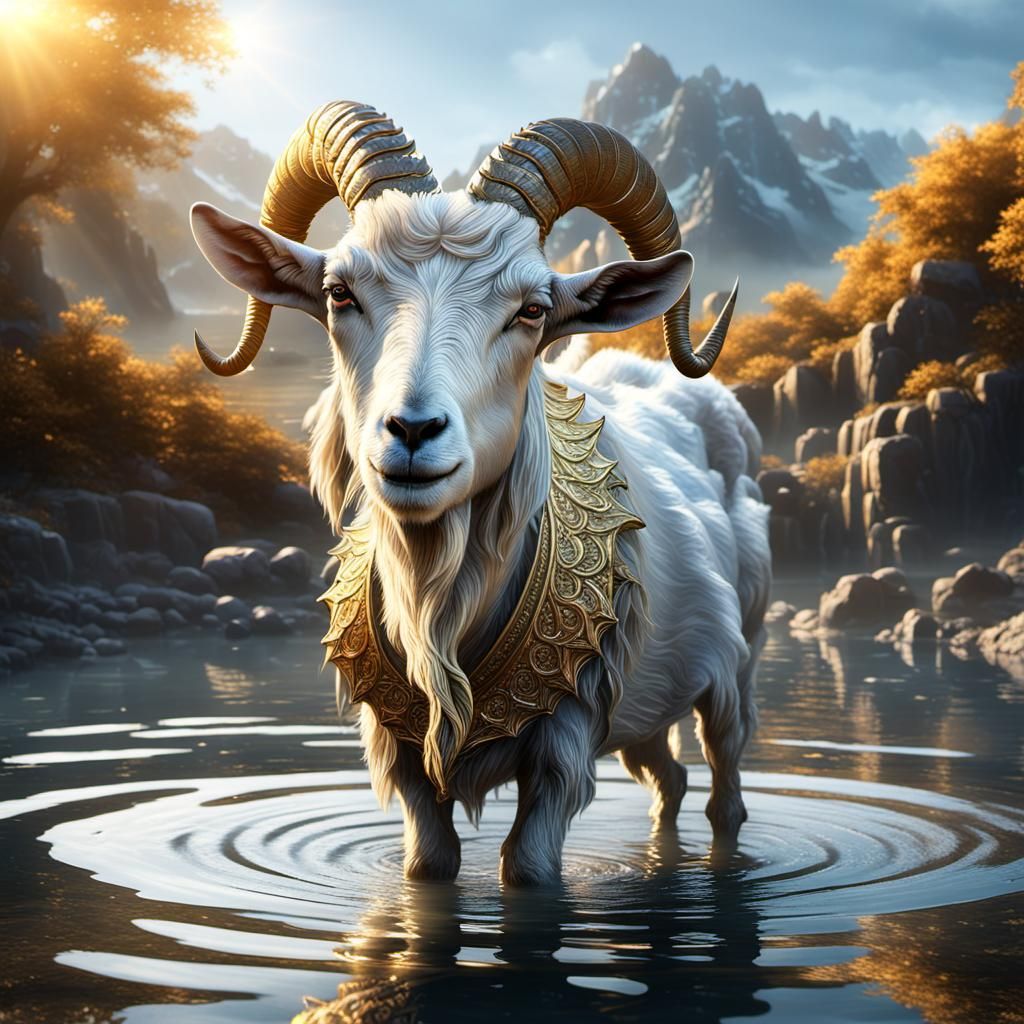 Silver Goat Wading: Detailed Matte Painting