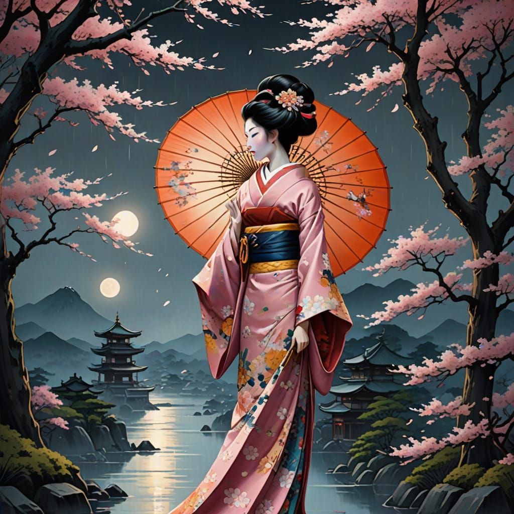 Ethereal Geisha beneath a Vibrant Japanese Parasol, amidst a...