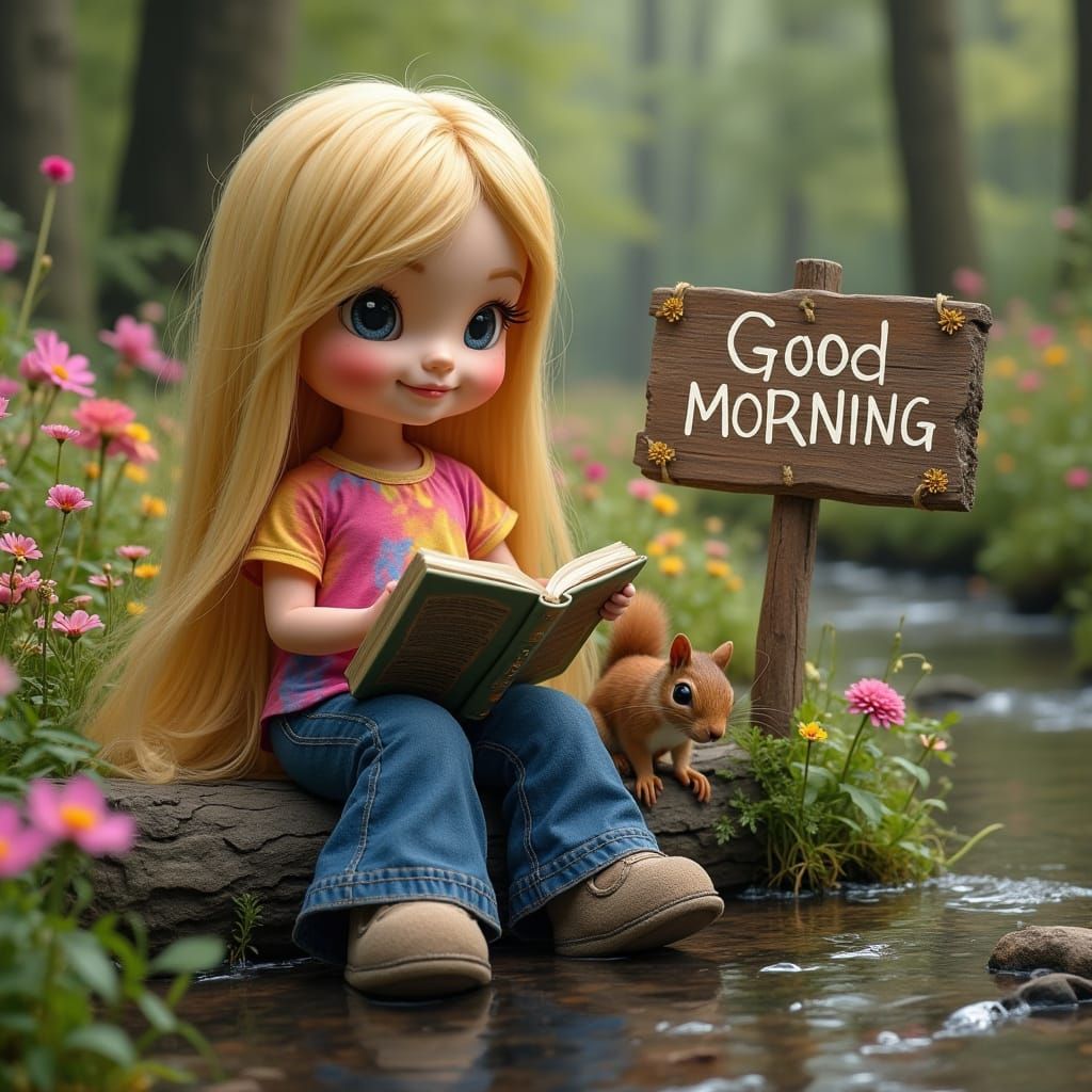 Dollbaby Girl Reads in Forest, Hippie Style