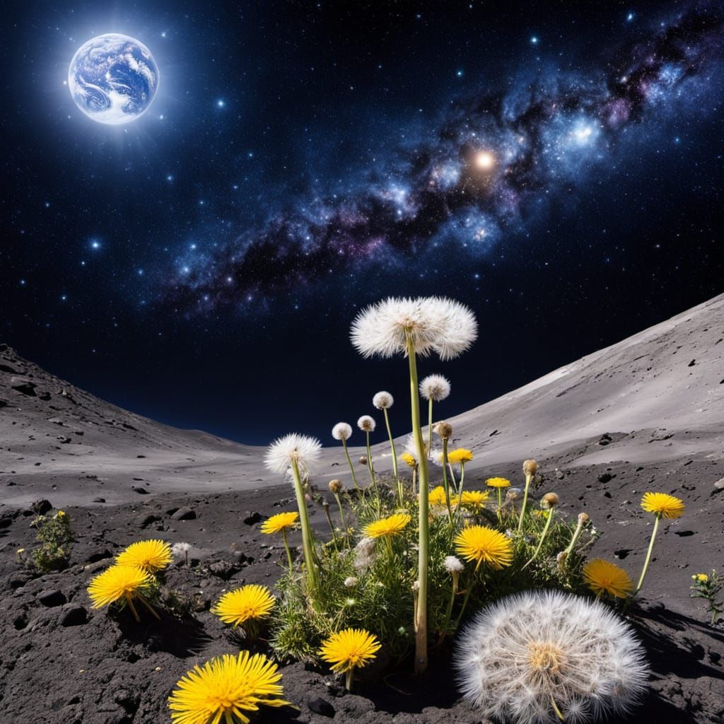Dandelions on the Moon in a Starry Night