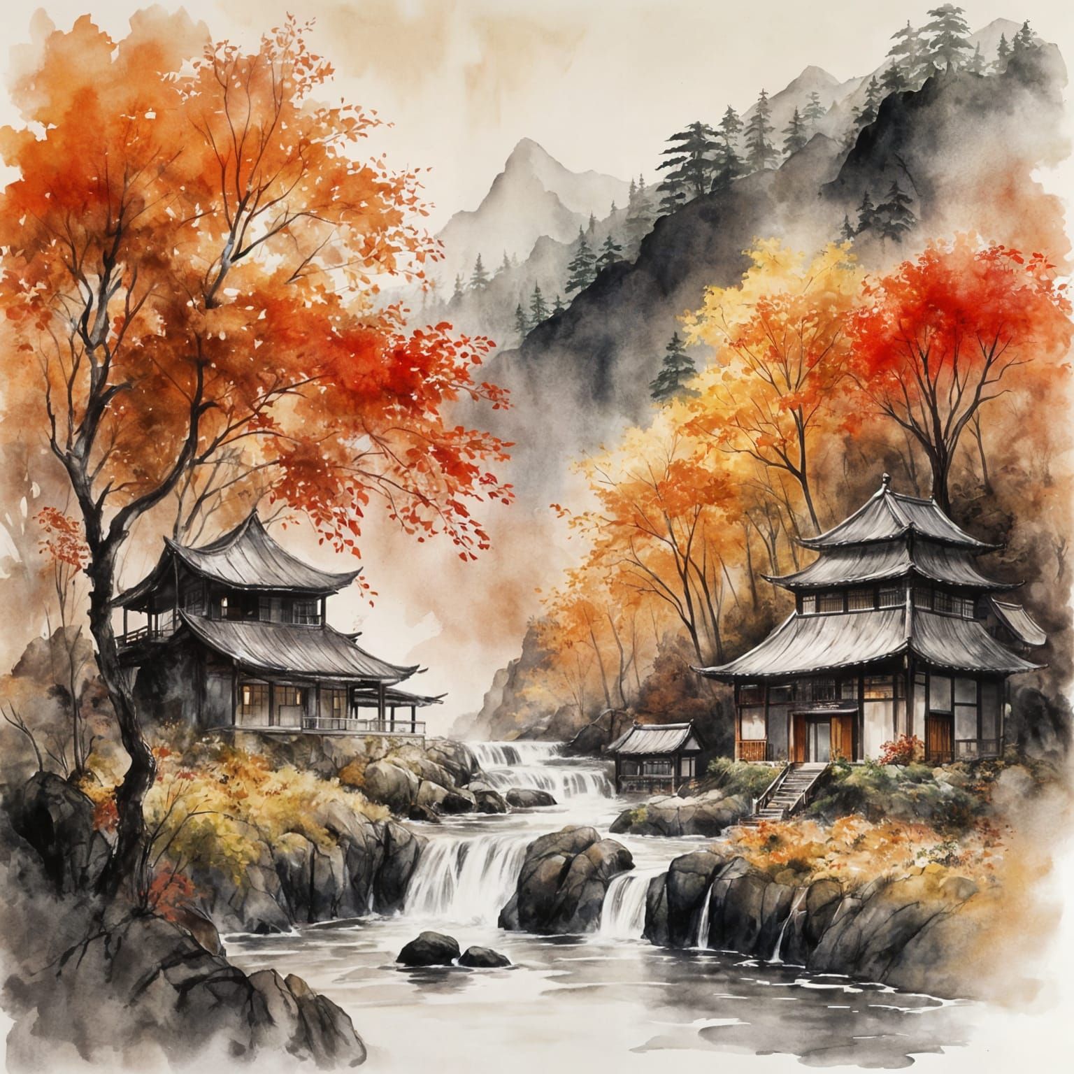 Oriental Waterfall Landscape in Watercolor Style