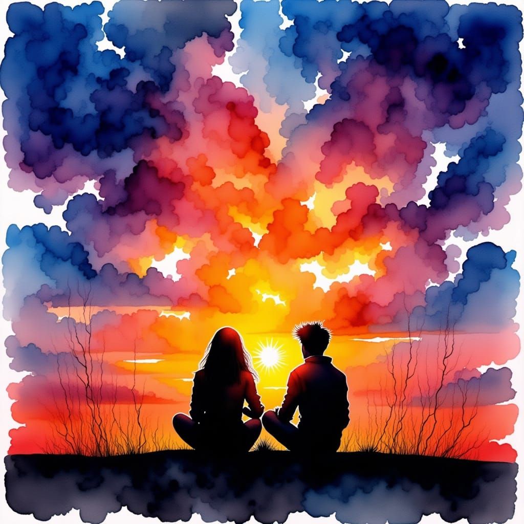 Couple Silhouetted Against Sunset, Abstract Chiaroscuro Styl...