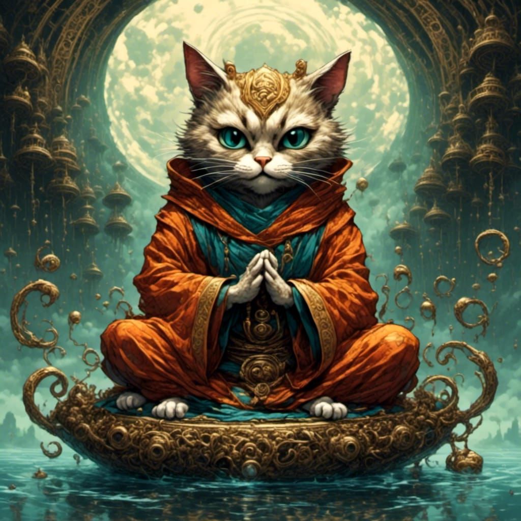 Anthropomorphic Cat Monk Meditating with Ring of Eyes