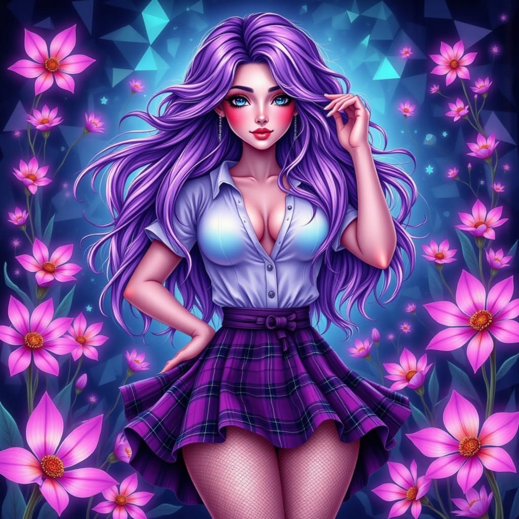 Voluptuous Woman in Fishnets with Geometric Tessellations