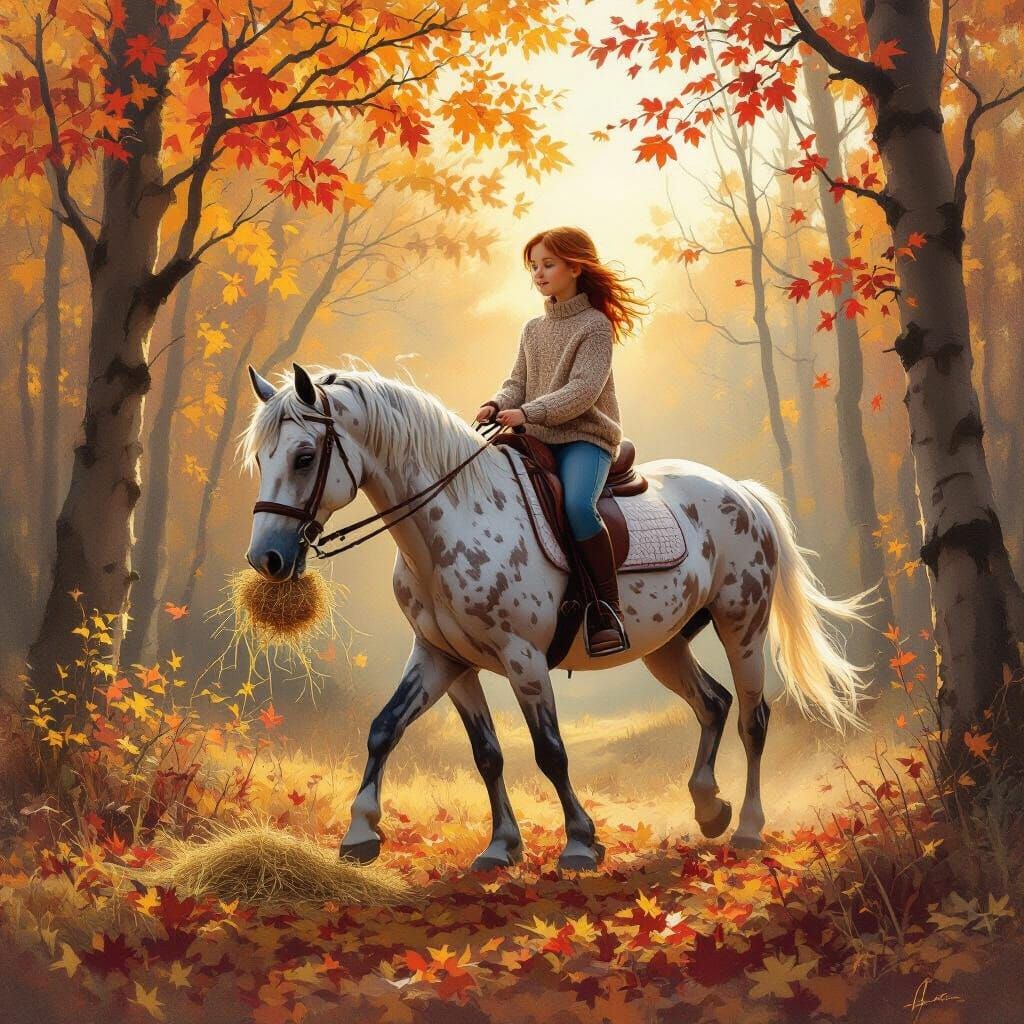 Girl Riding Horse in Autumn Forest at Golden Hour