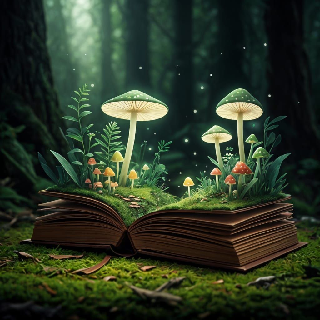Magical Open Book in Enchanted Forest