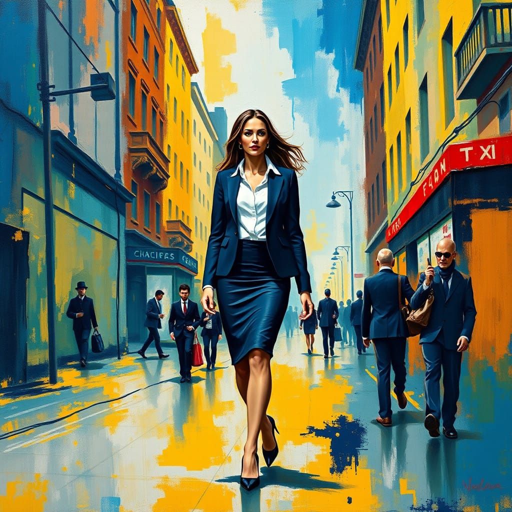 Confident City Woman in Vibrant Abstract Style