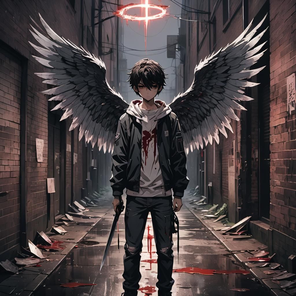 Melancholic Anime Figure with Knife Wings and Blood Halo