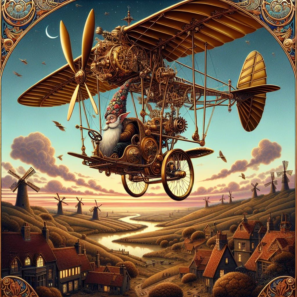 Steampunk Gnome Flies Ornithopter at Twilight