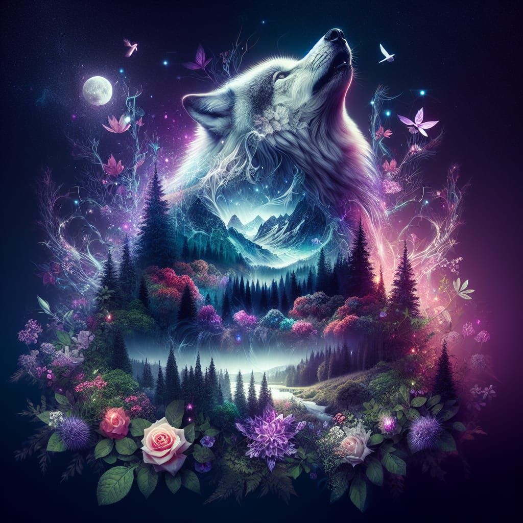Ethereal Wolf Double Exposure in Purple Hues
