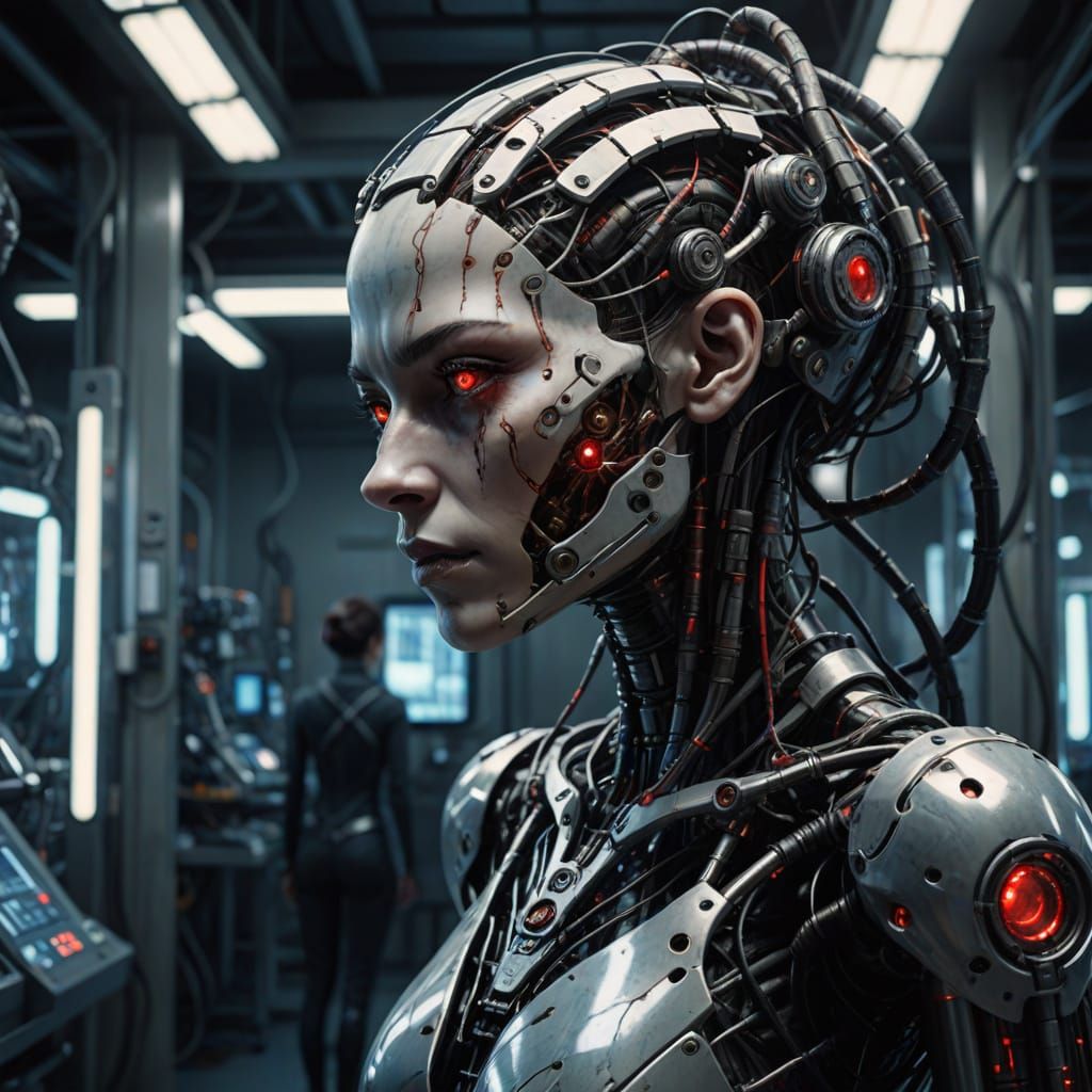 Biomechanical Woman in Sci-Fi Lab