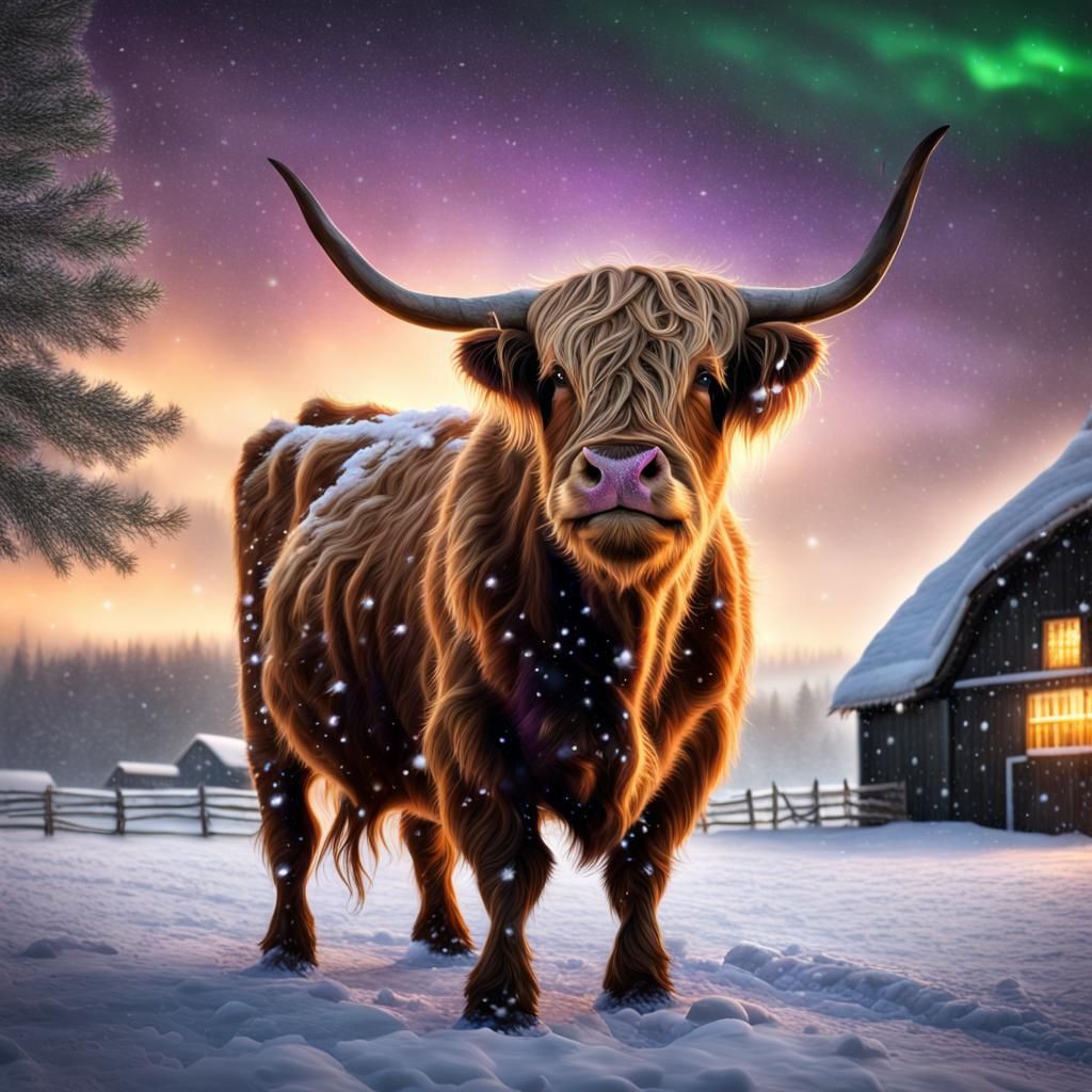 Happy Highland Cow Under the Northern Lights