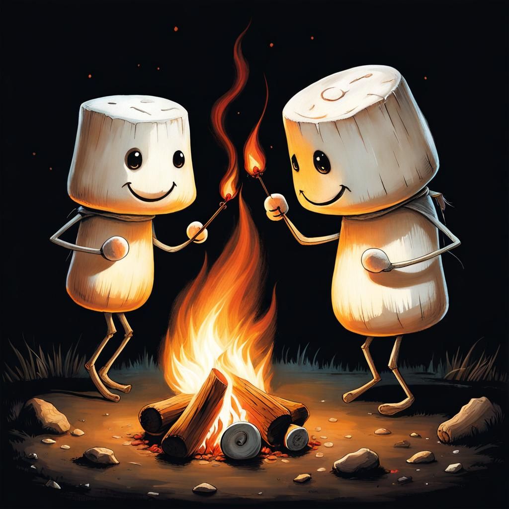Dancing Marshmallows Around Campfire in Whimsical Style
