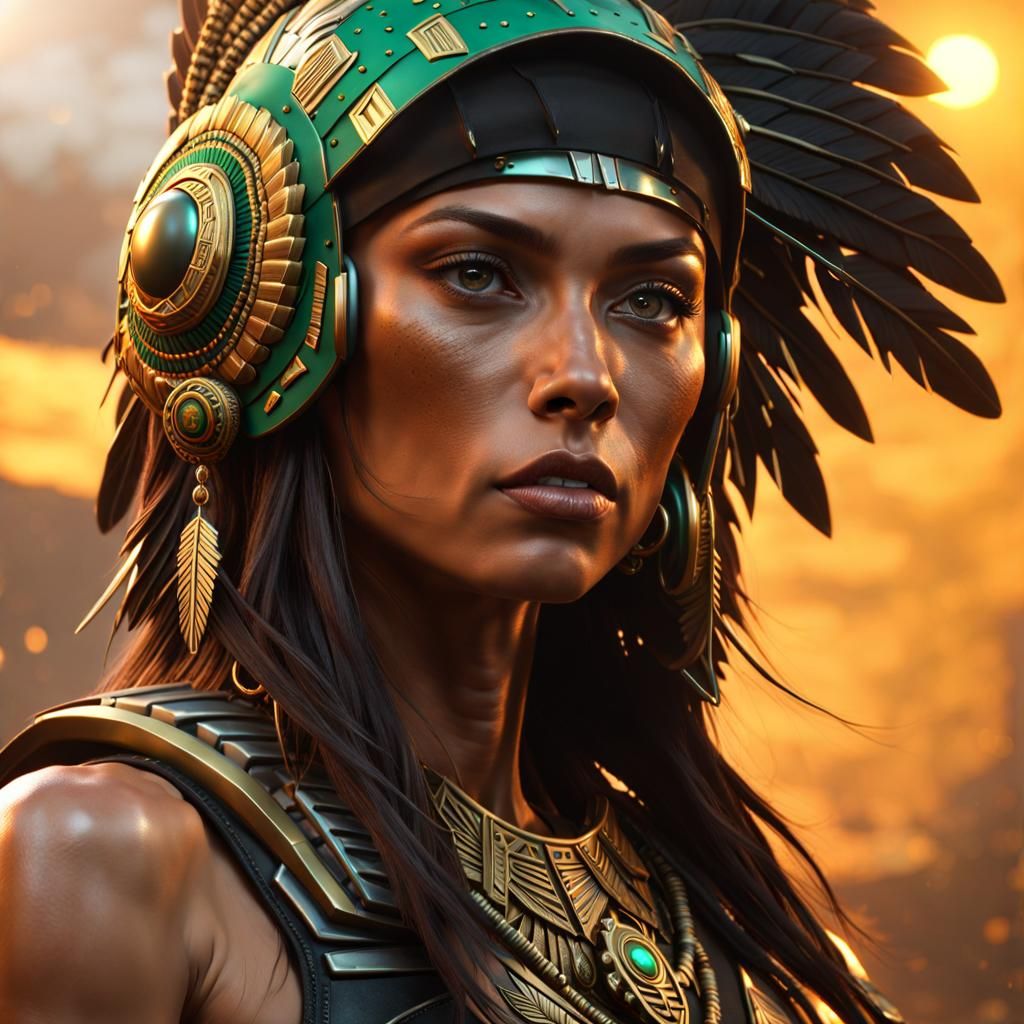 Aztec Battle Sister in Cyberpunk Armor, Digital Art