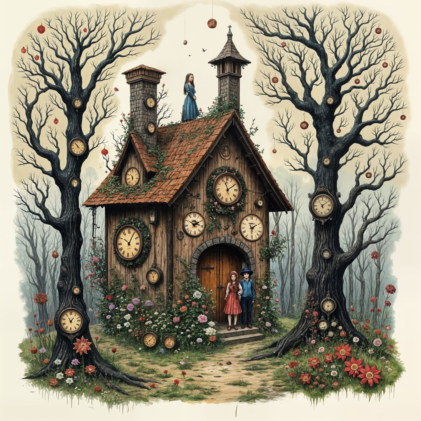 Hansel and Gretel Outside Enchanted Gingerbread Cottage