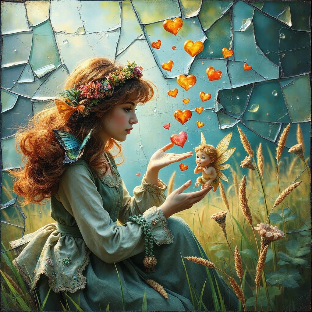 Whimsical Woman Connects with Little Fairy in Vibrant Vitrai...