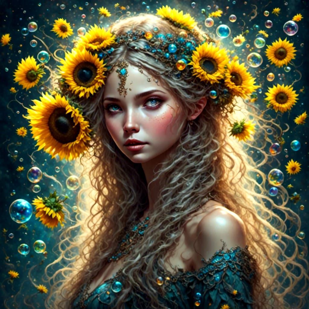 Sunflower Fairy in Starry Field with Bubbles