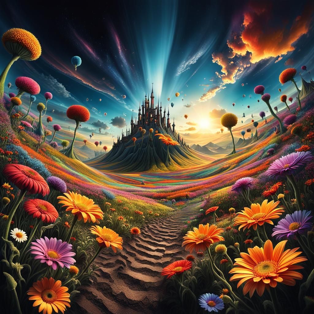 Surreal Dreamscape with Dramatic Sunset in Oil Painting Styl...