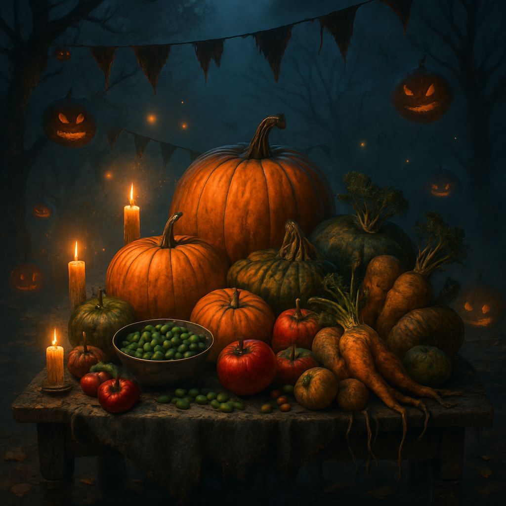Spooky Harvest Festival Altar with Pumpkins and Magic Items