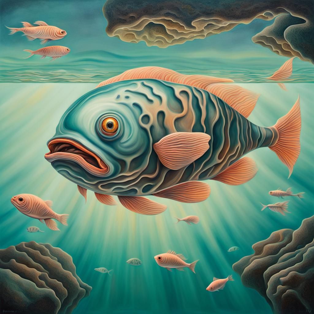 Dreamlike Underwater Scene with Brain Fish: Surrealist Paint...