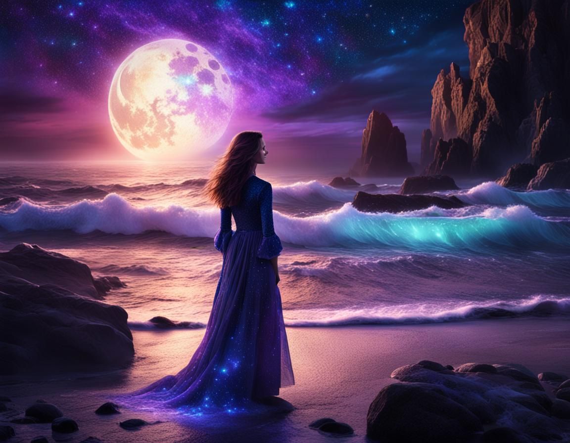 Woman on Rocky Shore with Prismatic Aura