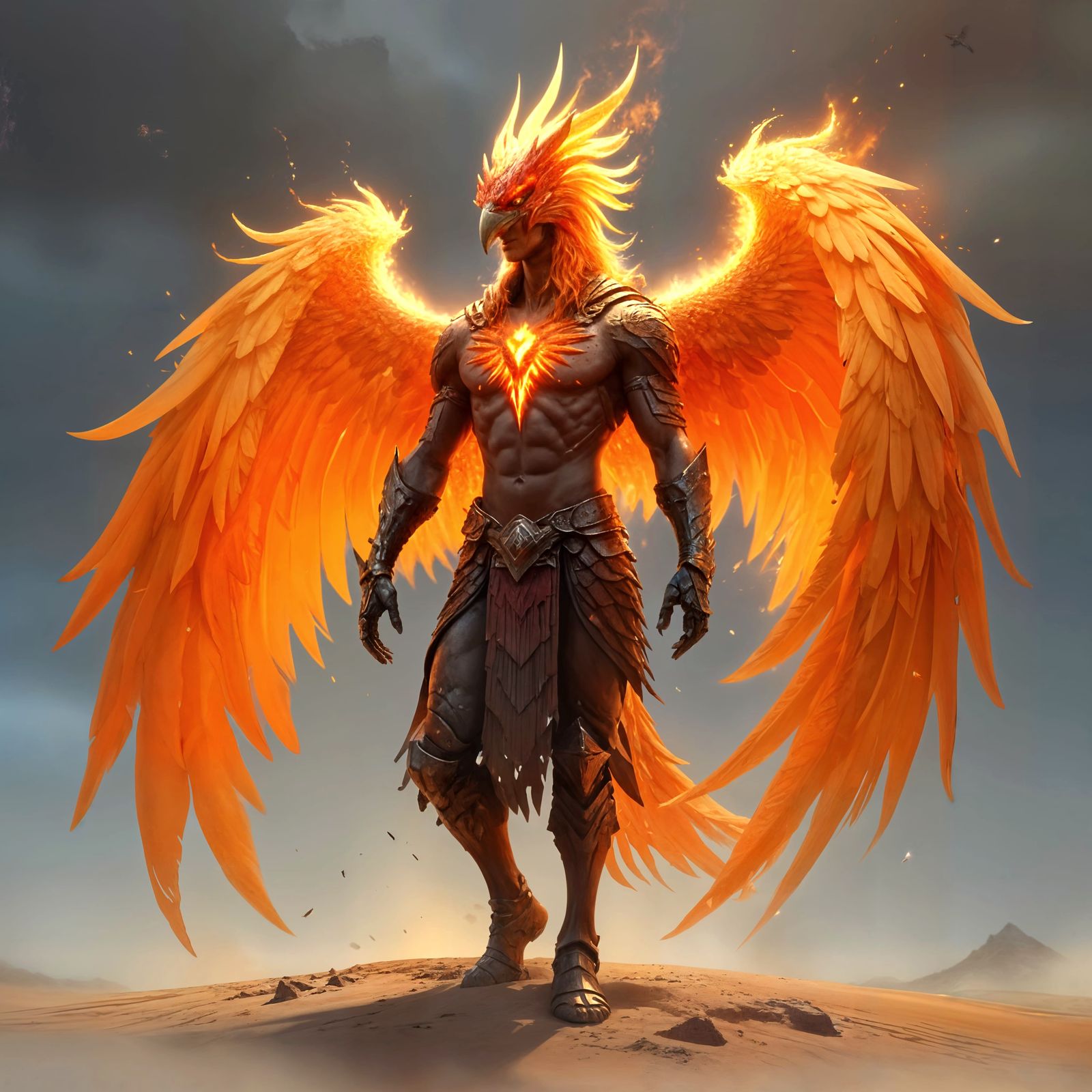 Phoenix Warrior in Gold Armor, Dark Fantasy Art