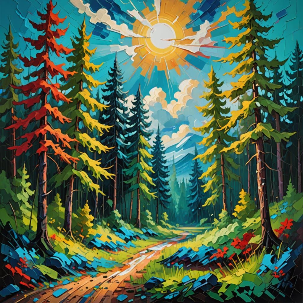 Vibrant Forest Landscape in Bold Abstract Expressionist Styl...