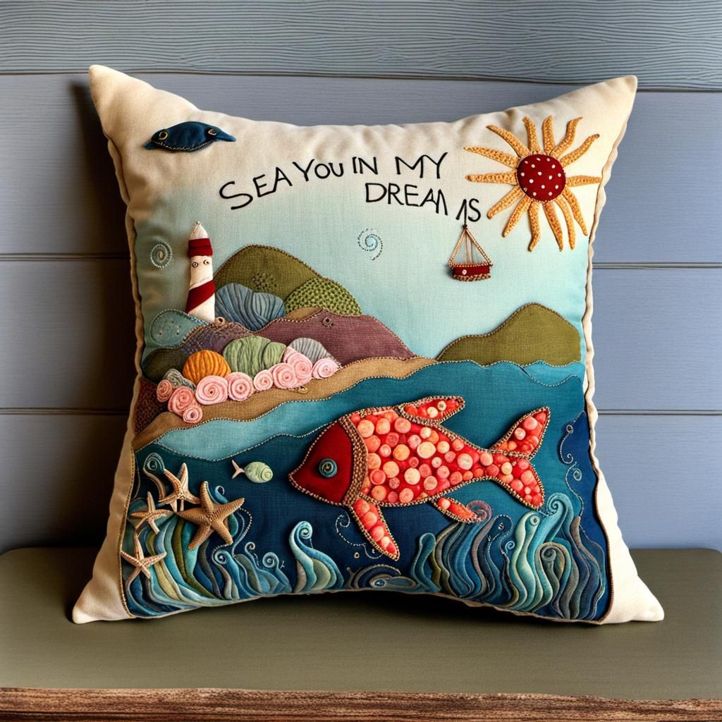 Whimsical Textile Art Pillow at the Sea