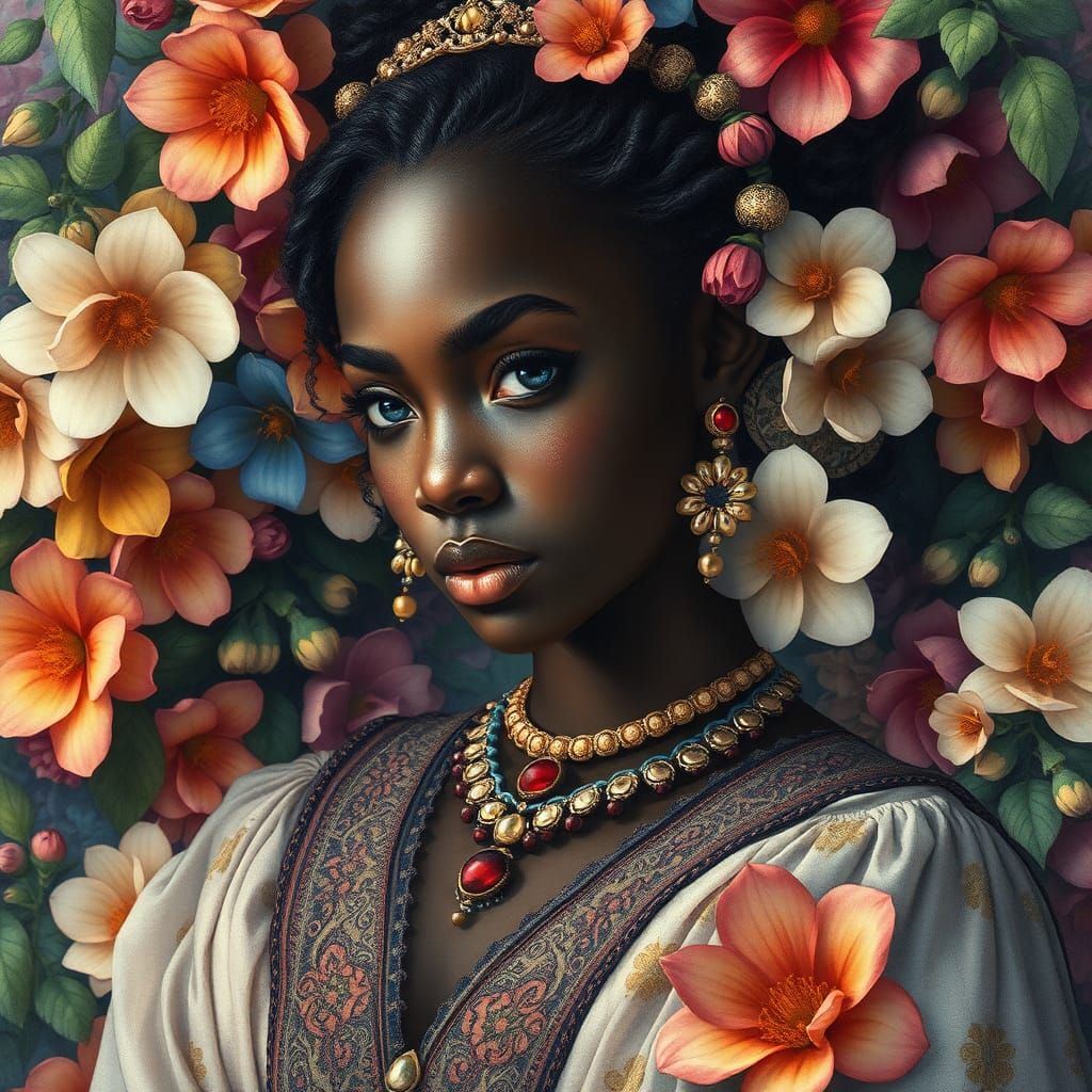 Ebony Girl in Flowers, Inspired by Flemish Masters