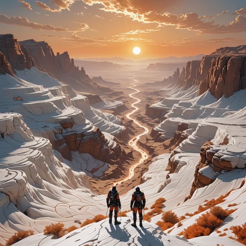 Hero Overlooks Maze in Bauhaus Sci-Fi Landscape