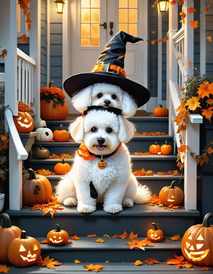 Bichon Frise Witch in Whimsical Halloween Scene