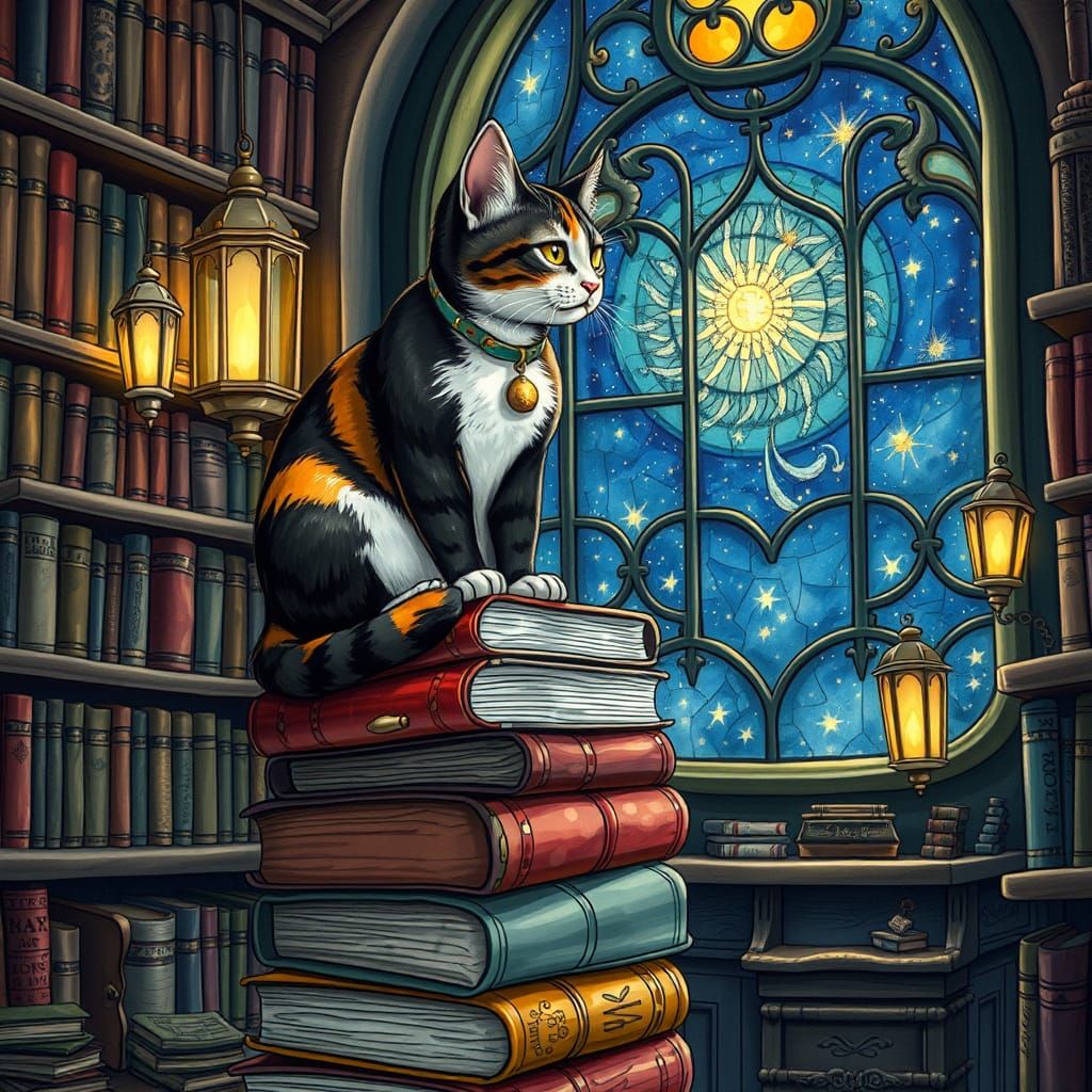 Calico Cat in Whimsical Library, Dreamy Art Style