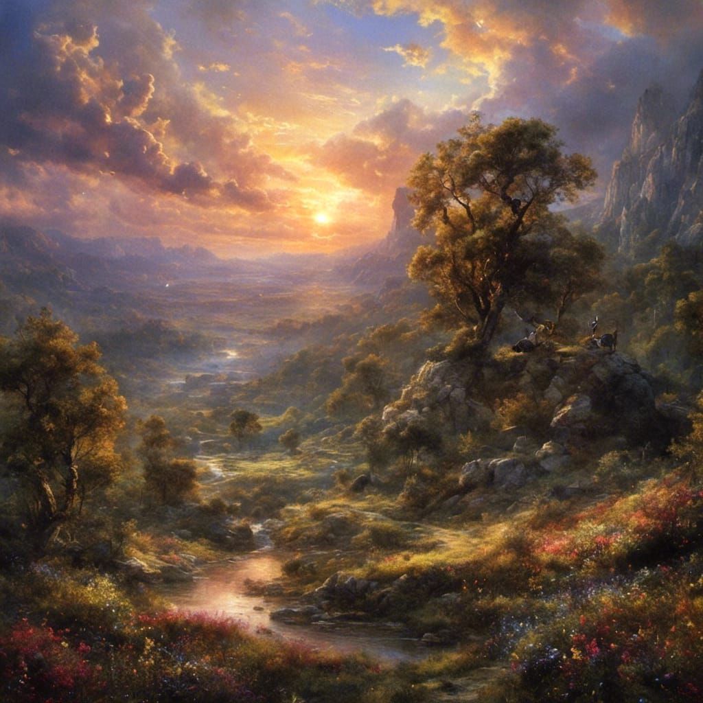 Majestic Sunset in a Light Fantasy Style