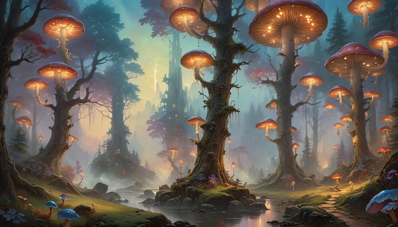 Ethereal Fantasy Landscape with Glowing Mushrooms