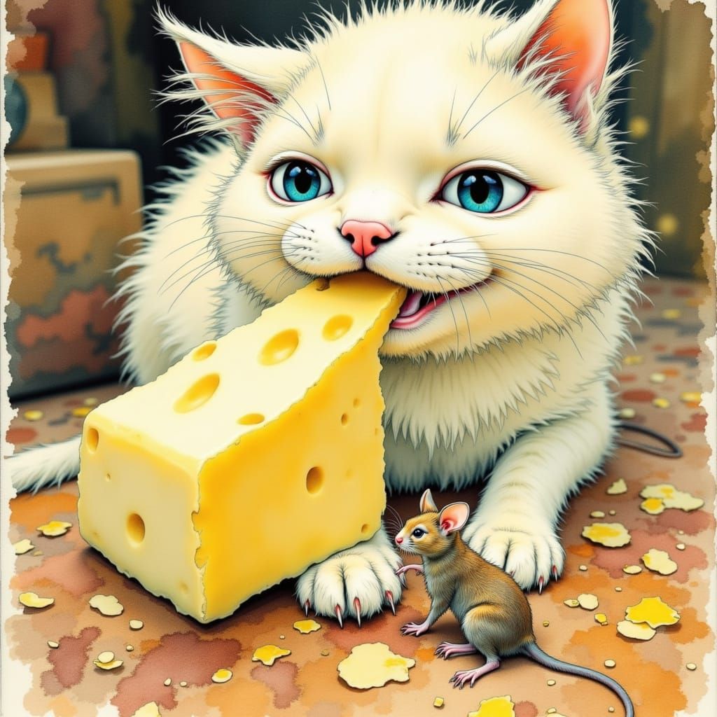 Whimsical Feline Encounter in Dreamlike Setting