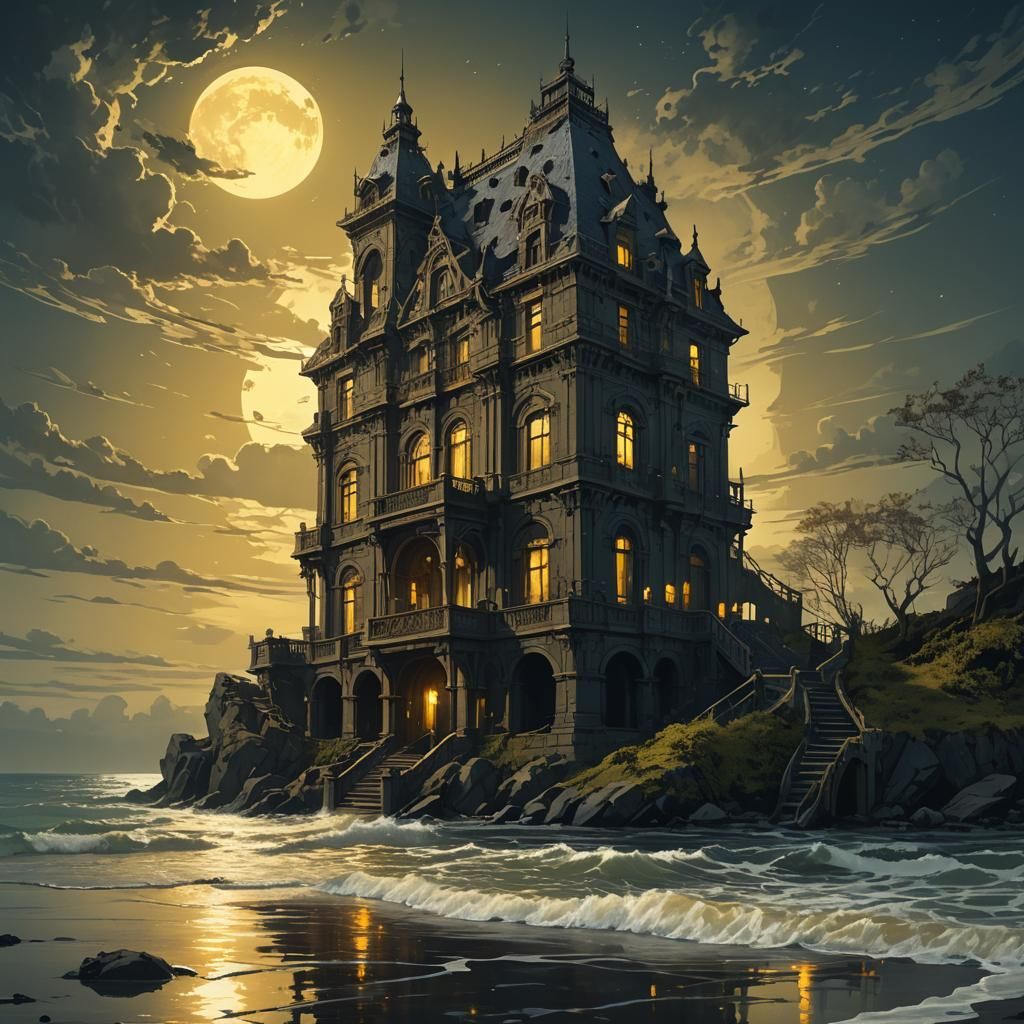 Mysterious Building at Night: Dark Fantasy Concept Art