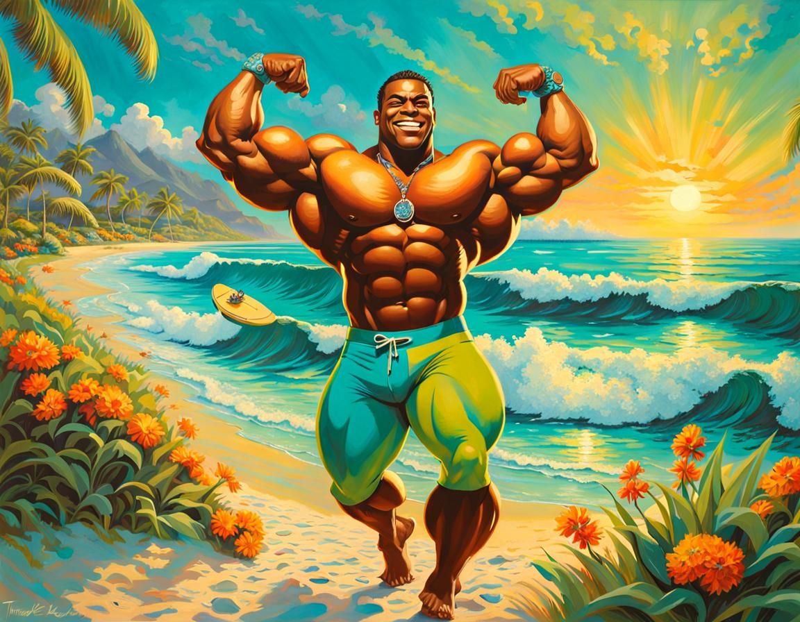 Muscular Surfer on Beach in Luminist Style