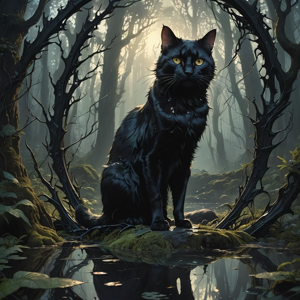 Mystical Black Cat in Dark Fantasy Forest
