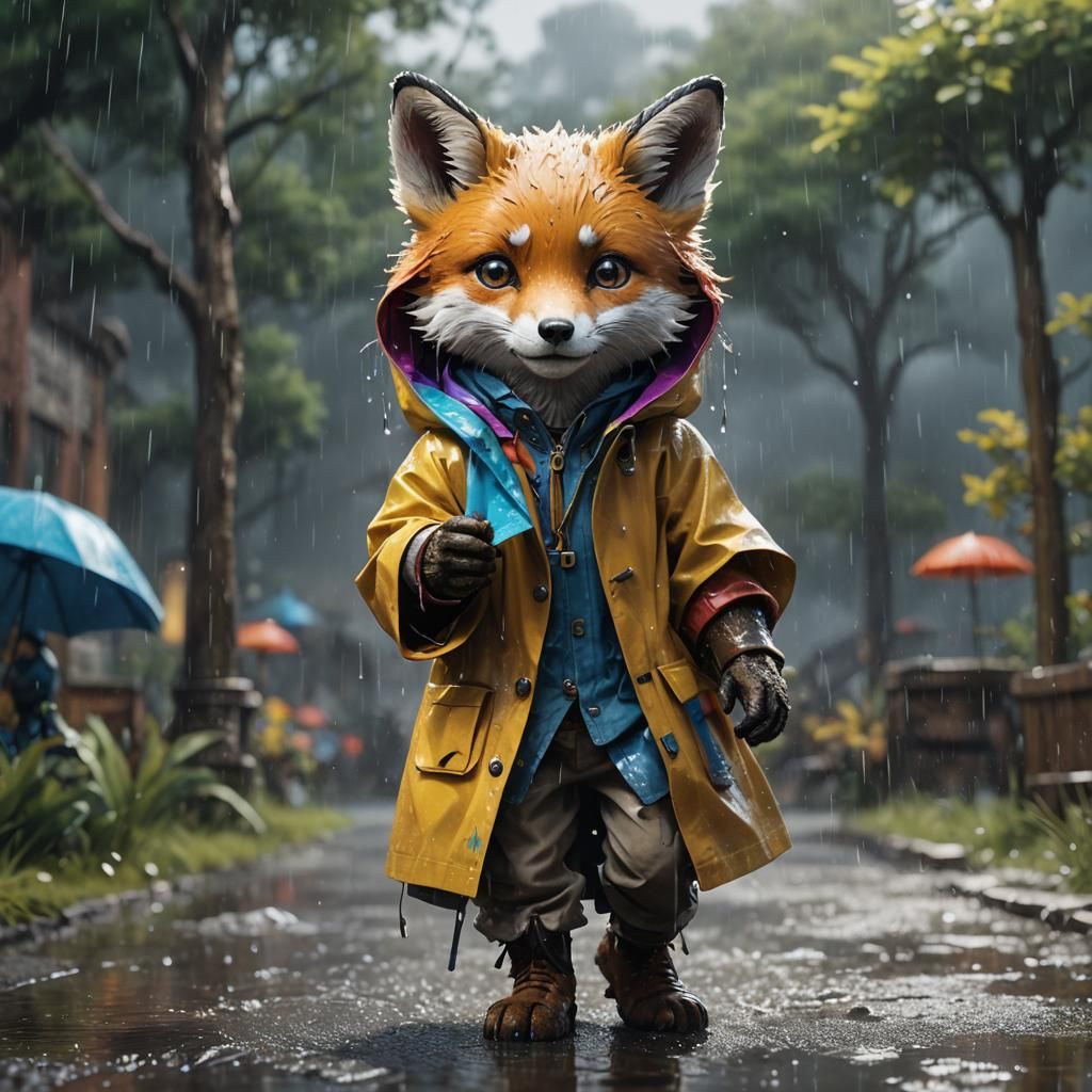 Rainbow Fox Cub in Raincoat: Detailed Matte Painting